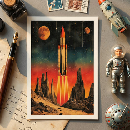 A framed art print featuring a retro-futuristic space scene with a rocket launching from a rocky desert planet under a starry sky with planets, styled in a desk flat-lay with vintage props including a fountain pen, stamps, a toy rocket, and an astronaut figure.