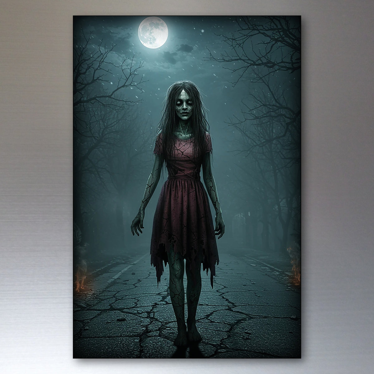 A vertical fridge magnet featuring a dark, eerie Halloween scene with a zombie-like girl in a tattered red dress standing on a cracked road under a full moon and bare trees.