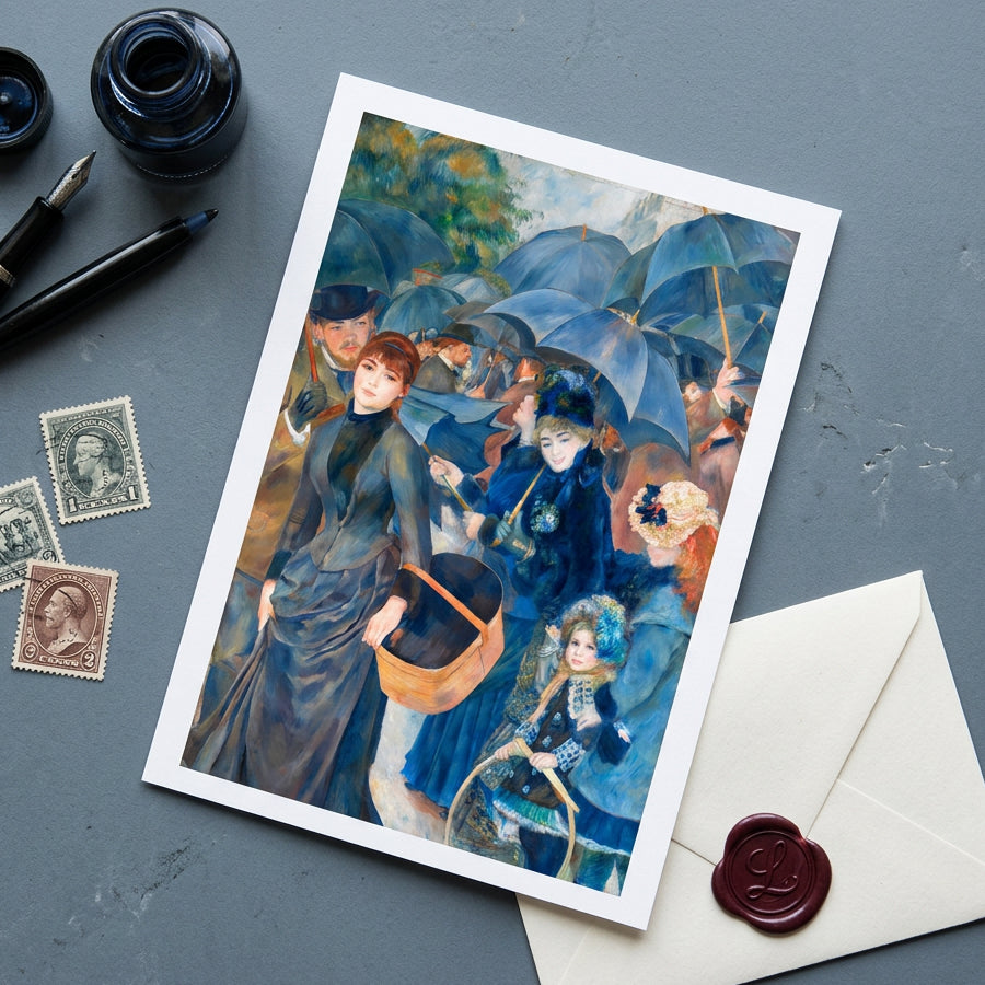 A framed vertical art print depicting a crowded scene from a painting with many people holding blue umbrellas, shown against a brushed-metal gray background.
