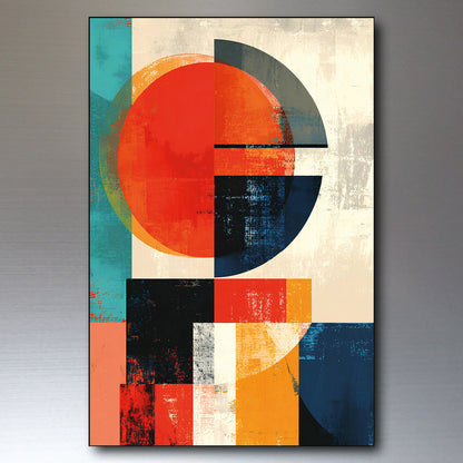 Abstract geometric wall art print featuring a bold composition of red, orange, blue, black, teal, and cream shapes with a distressed texture, shown against a neutral gray gradient background.
