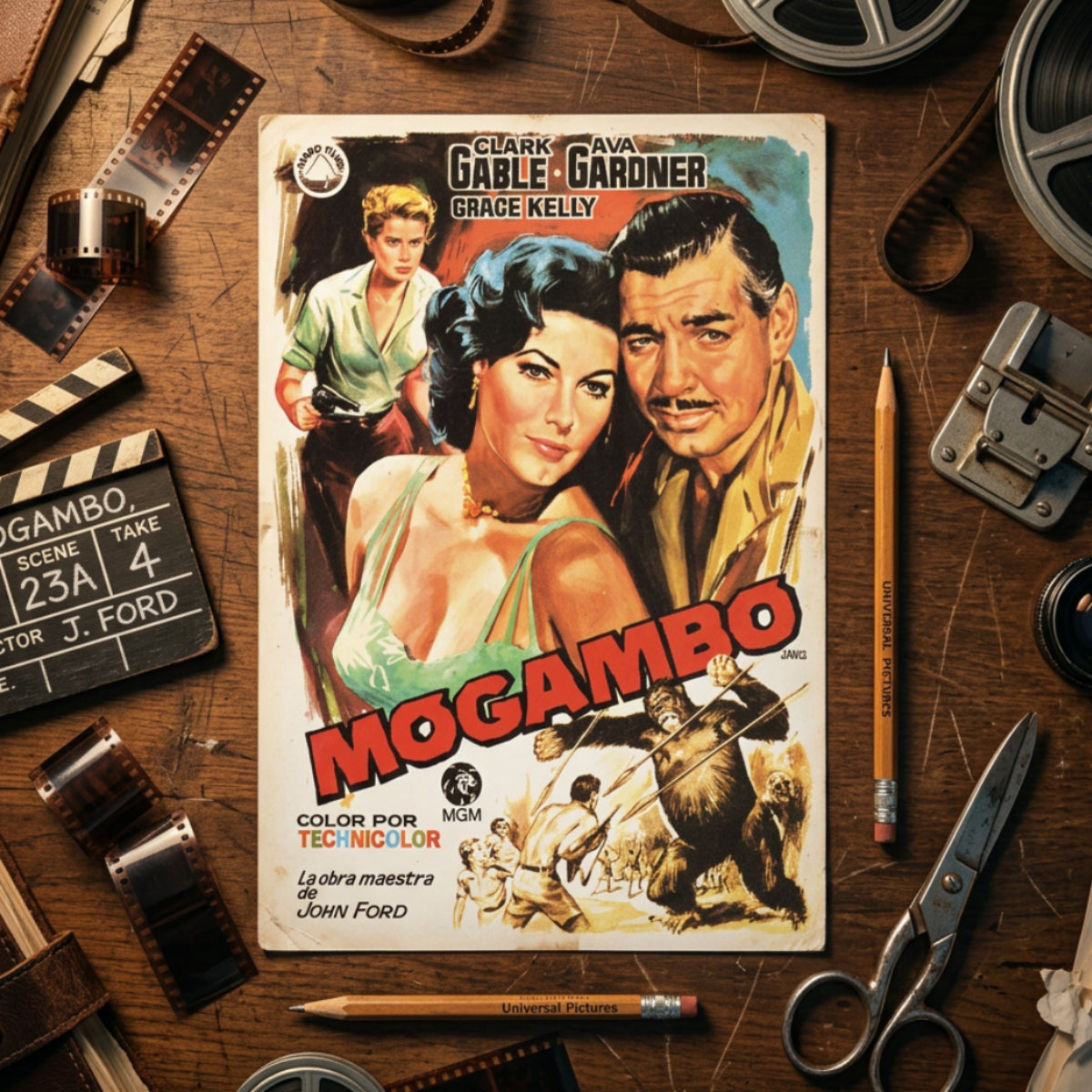Vintage movie poster for the film 'Mogambo' featuring Clark Gable, Ava Gardner, and Grace Kelly, displayed against a neutral gray background.