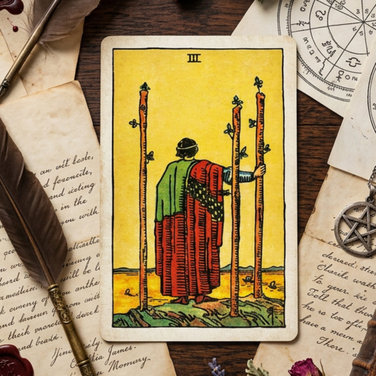 A vintage-style tarot card illustration showing a robed figure seen from behind, standing among four tall staffs against a golden yellow background. The card is centered on a gray gradient backdrop.