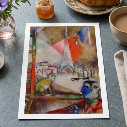 A vertical framed painting on a metallic gray background, depicting an abstract Paris scene with the Eiffel Tower, a seated yellow-green cat, a blue-faced figure in the foreground, and bold red, cream, brown, and blue tones throughout.