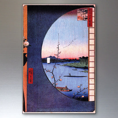 A Japanese-style art print or poster showing a scenic water landscape viewed through a circular opening, with cherry blossoms in the foreground and a pink sunset sky. The print is centered on a neutral gray background.