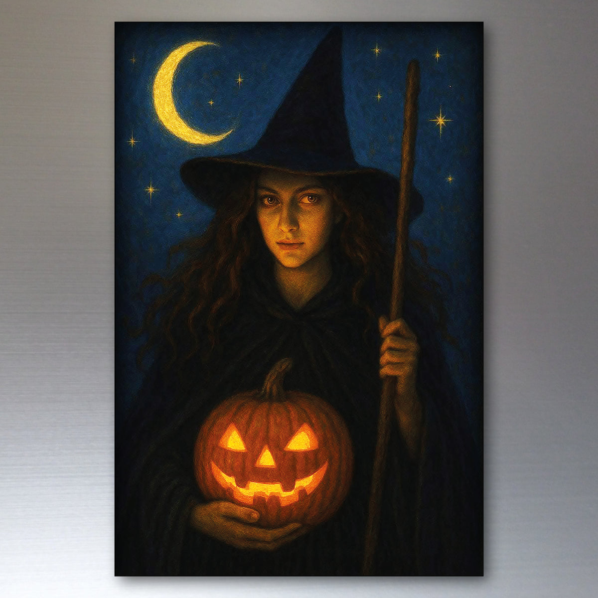 A vertical canvas print featuring a witch with a black hat and cloak holding a glowing jack-o'-lantern, set against a dark blue night sky with a crescent moon and stars.