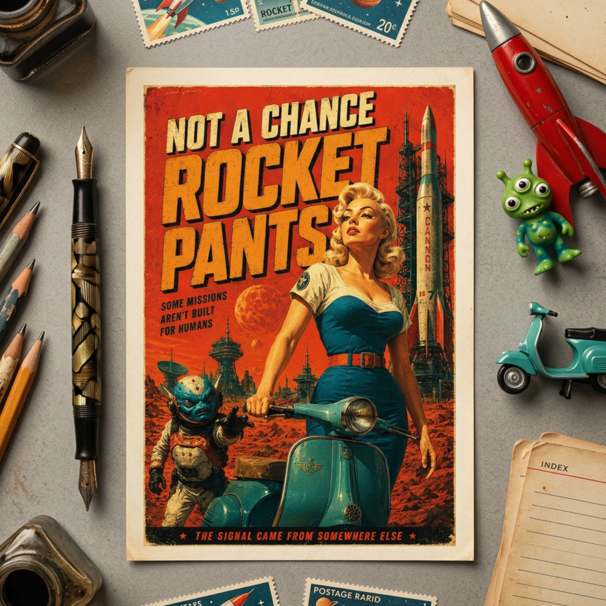 A retro-style poster reading 'NOT A CHANCE ROCKET PANTS' is displayed in a styled flat-lay with vintage props including stamps, a fountain pen, a red rocket, a small alien figure, a turquoise scooter, and an index card on a gray surface.