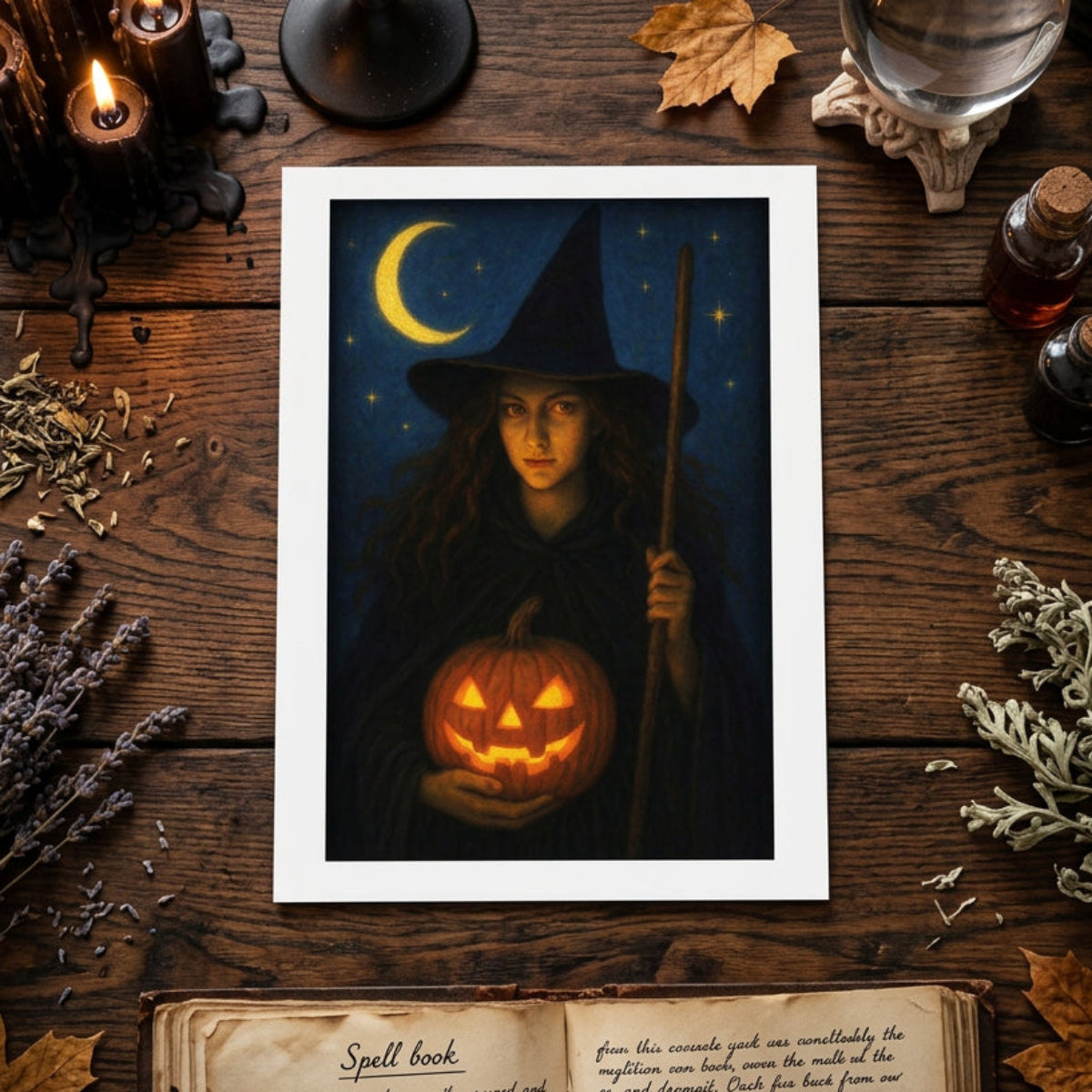 A framed art print featuring a witch holding a glowing jack-o'-lantern under a crescent moon, displayed on a rustic wooden table surrounded by Halloween-themed props like candles, dried leaves, and an open spellbook.