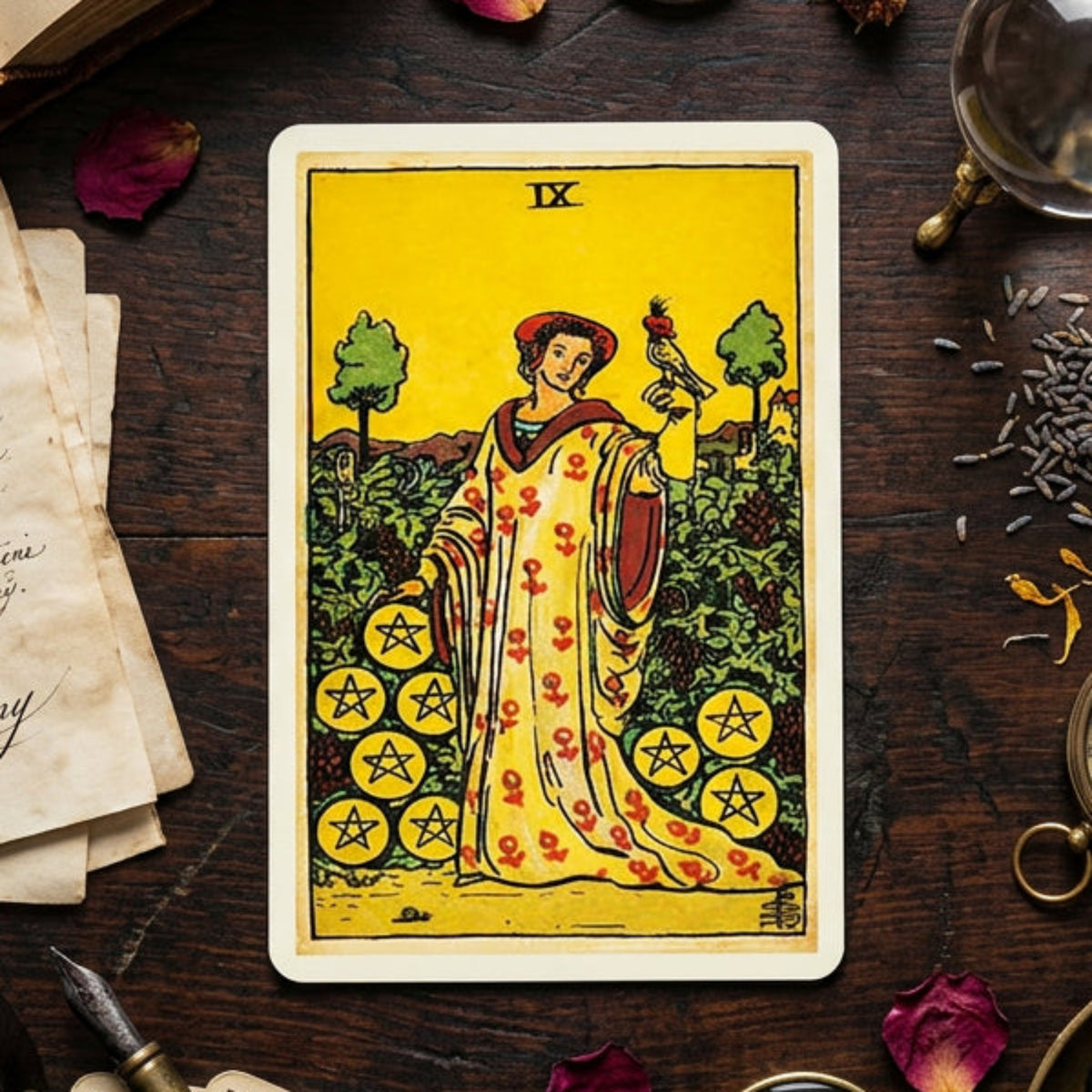 A classic Rider-Waite tarot card, 'The Nine of Cups', displayed flat on a dark wooden tabletop surrounded by vintage props like old papers, dried rose petals, and brass tools.