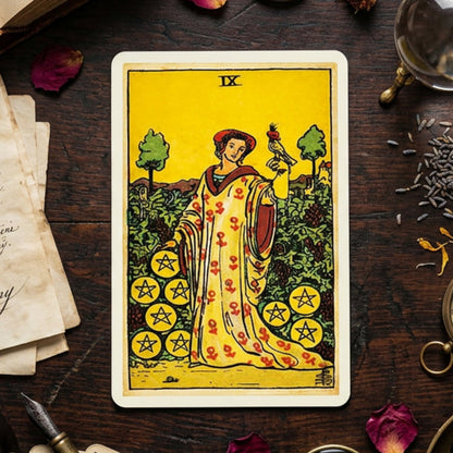 A classic Rider-Waite tarot card, 'The Nine of Cups', displayed flat on a dark wooden tabletop surrounded by vintage props like old papers, dried rose petals, and brass tools.