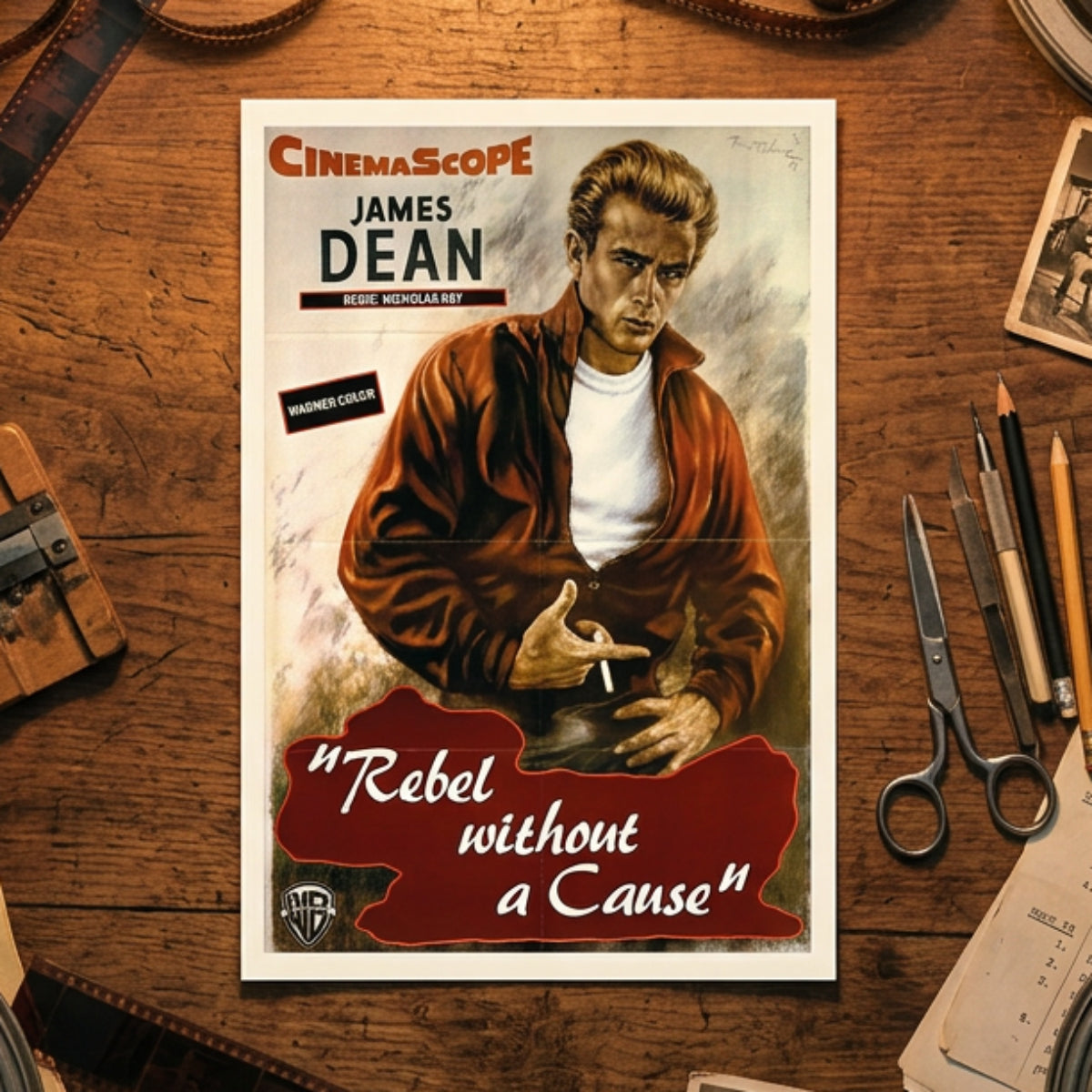 A vintage-style movie poster for the film 'Rebel without a Cause' featuring James Dean, with Warner Bros. branding and a red title banner at the bottom, shown against a neutral gray gradient background.