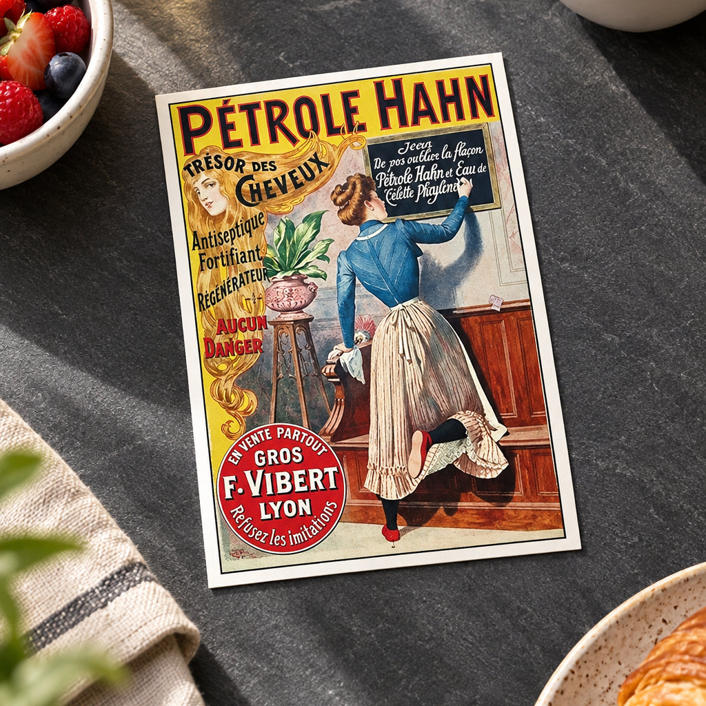 Vintage French advertising poster for Étrole Hahn, featuring an illustrated woman in a blue dress and pleated skirt standing beside a potted plant, with large yellow and red typography on a warm tan background.