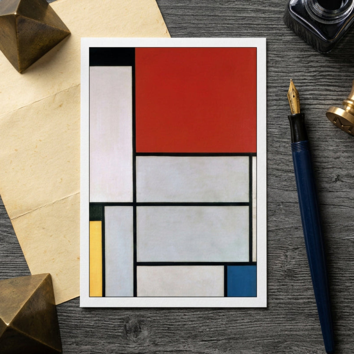 A vertical abstract geometric painting with large blocks of red, off-white, light gray, yellow, blue, and black, arranged in a Mondrian-style grid against a neutral gray background.