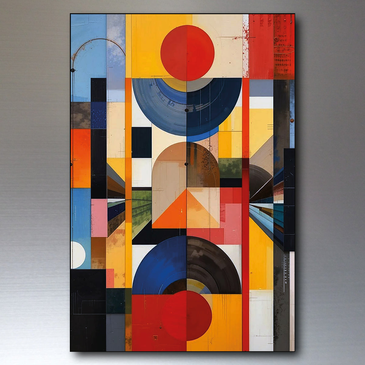 A vertical abstract geometric canvas print featuring a collage of colorful blocks, circles, arcs, and textured panels in red, yellow, blue, orange, black, and beige, shown against a neutral gray gradient background.