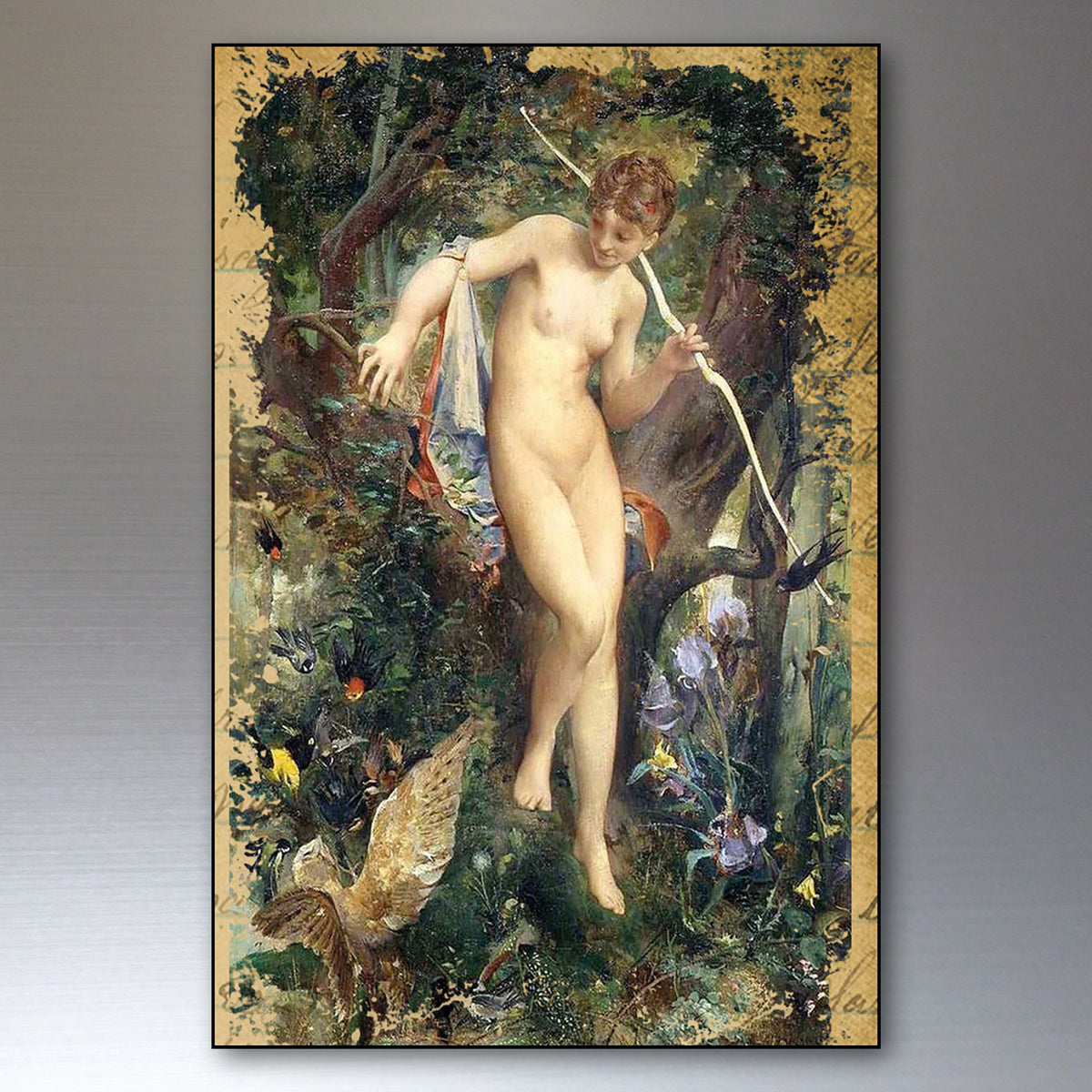 A framed art print of a classical painting depicting a nude female figure in a lush forest, holding a bow and arrow, with a bird at the bottom left. The print is shown against a neutral gray gradient background.