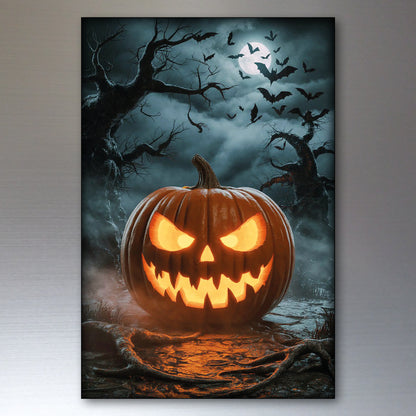 A vertical rectangular wall fridge magnet showing a glowing jack-o'-lantern pumpkin in a spooky forest scene at night, with bare trees, flying bats, and a full moon in the background.