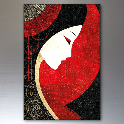 A vertical framed wall art print featuring a stylized Japanese-inspired woman in profile with a red and black composition, gold decorative details, and a white face. The artwork is shown against a neutral gray gradient background.