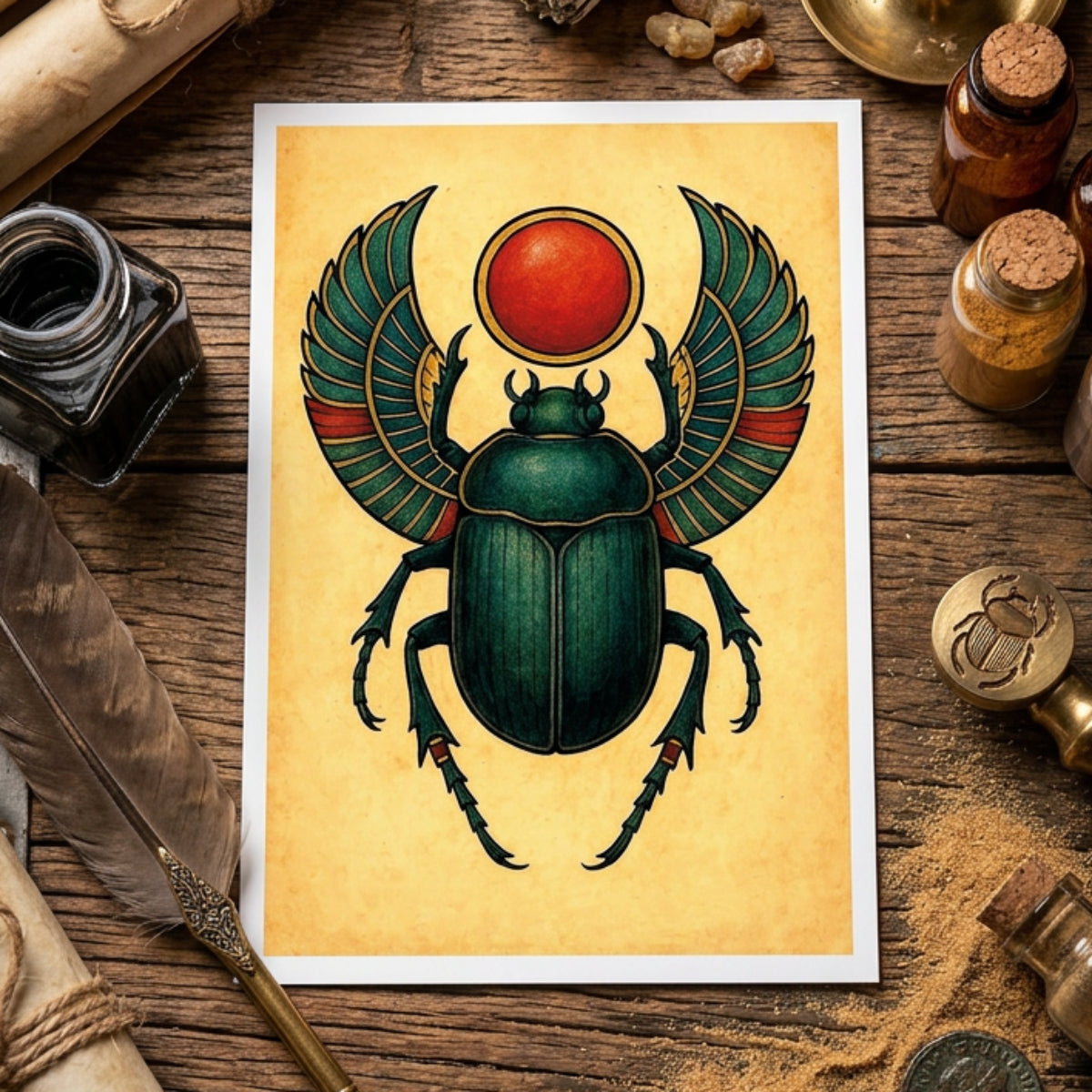 Egyptian scarab beetle wall art featuring a detailed green scarab beetle with red and gold wings on a textured beige background, shown as a vertical print against a gray gradient backdrop.