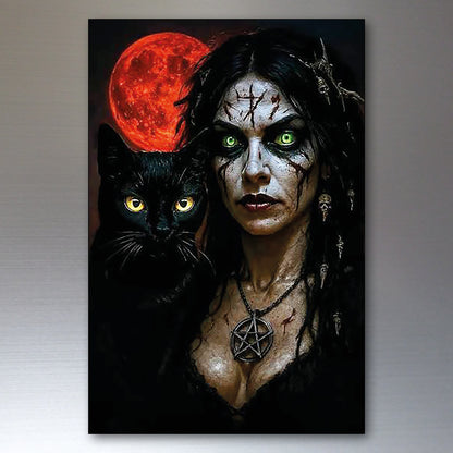 A vertical gothic fridge magnet featuring a pale woman with green eyes, black hair, a pentagram necklace, and a black cat beside her under a large red full moon, shown against a neutral gray gradient background.