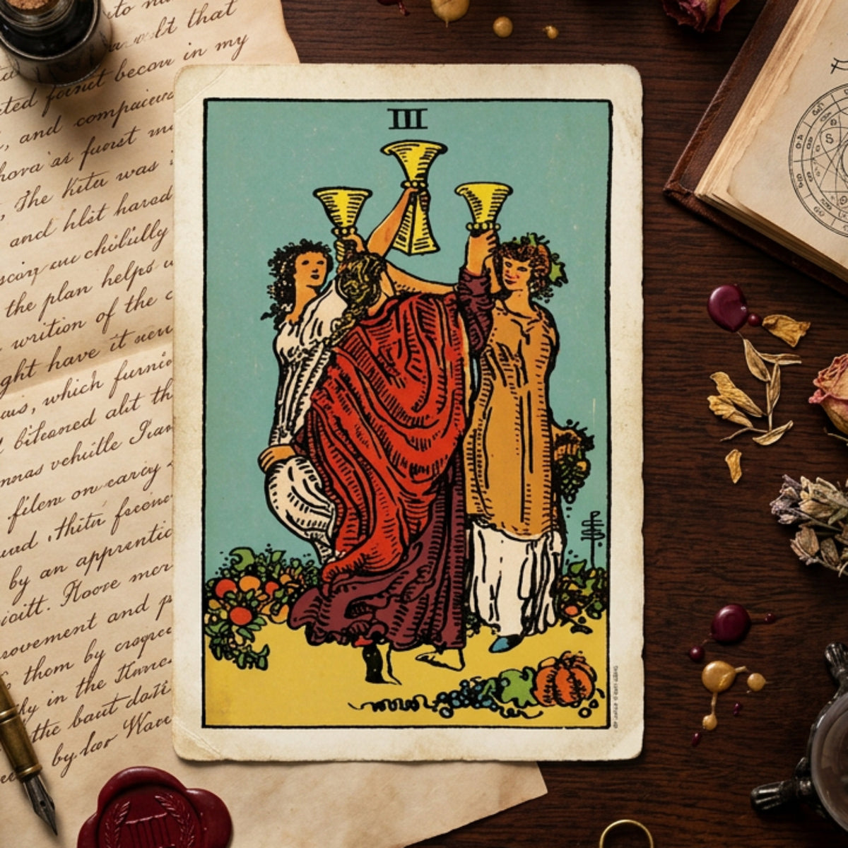 A tarot card depicting 'The Three of Cups' lies flat on a dark wooden desk surrounded by vintage props including an old book, a wax seal, dried flowers, and parchment paper.