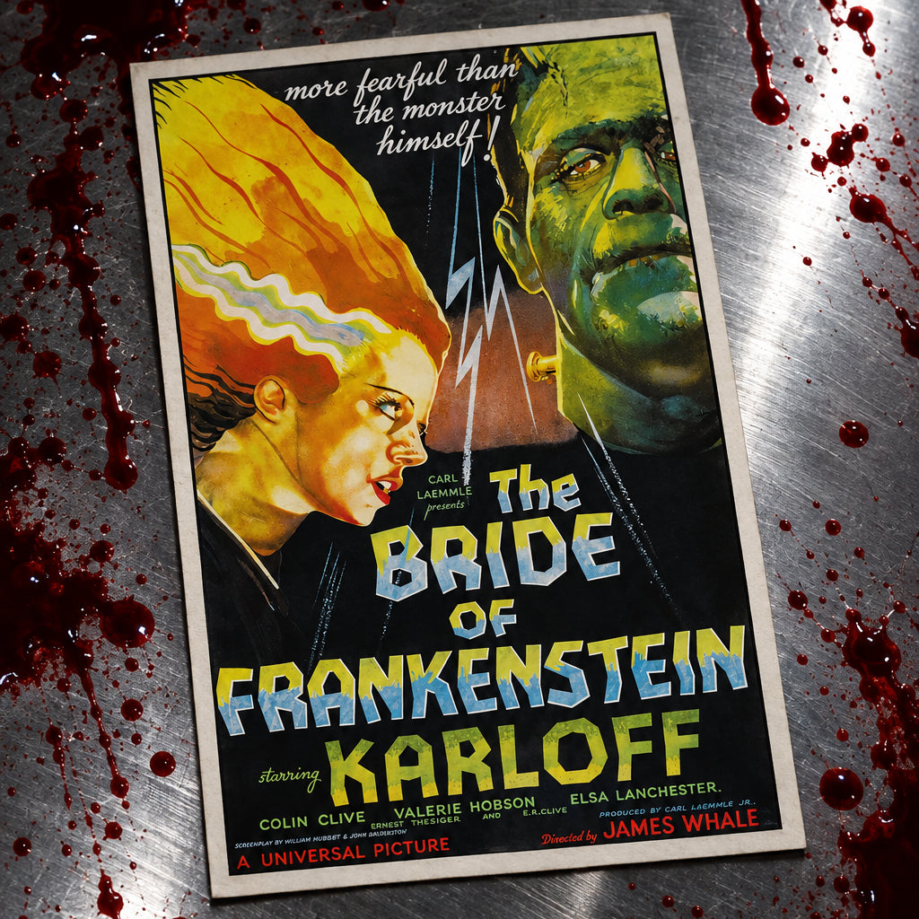 A vintage-style movie poster for 'The Bride of Frankenstein' featuring a green Frankenstein's monster face and a woman with bright yellow hair, with large title text and Universal Pictures branding, shown against a metallic gray background.