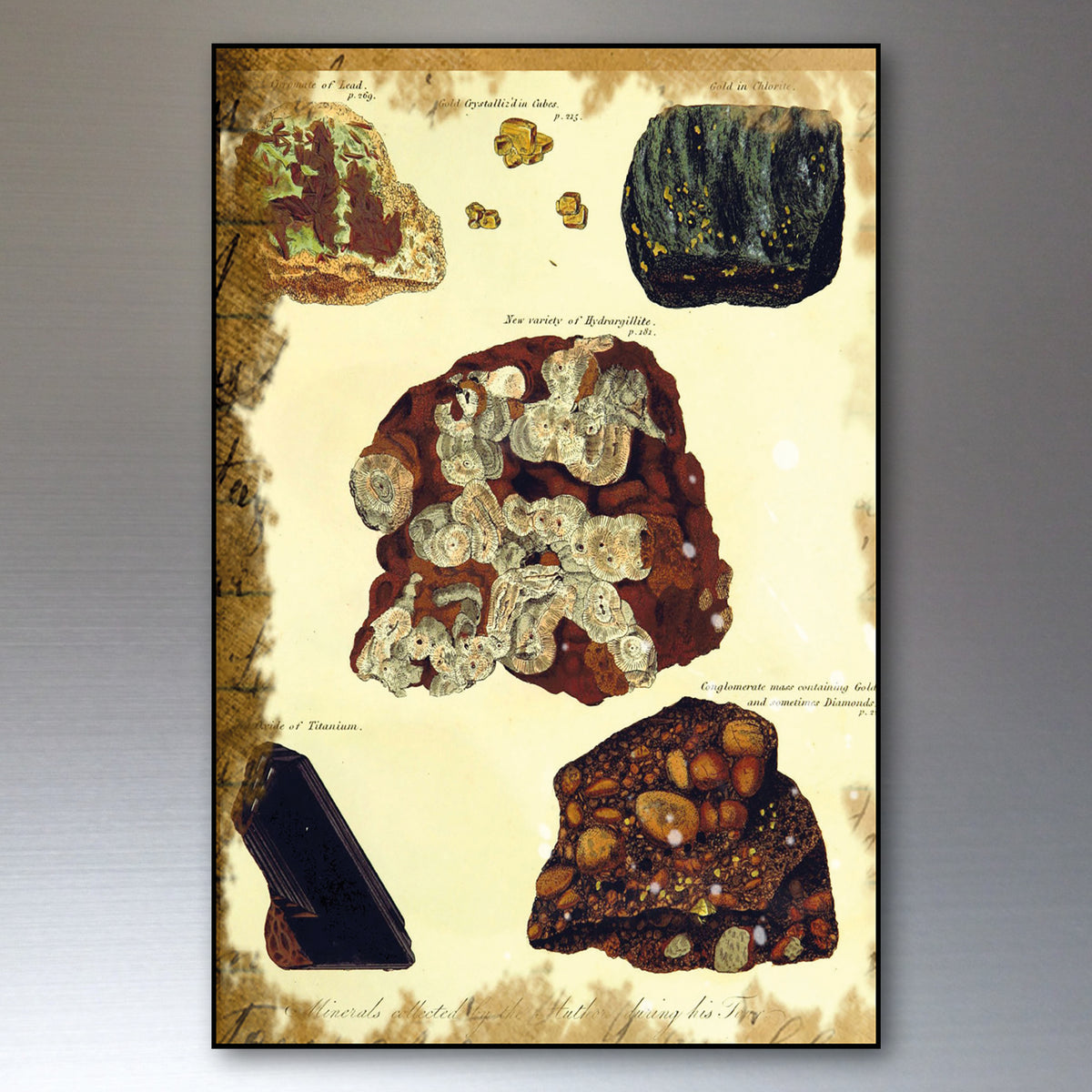 A framed vintage-style mineral specimen print featuring multiple rock and crystal illustrations on an aged parchment background, shown against a neutral gray gradient backdrop.