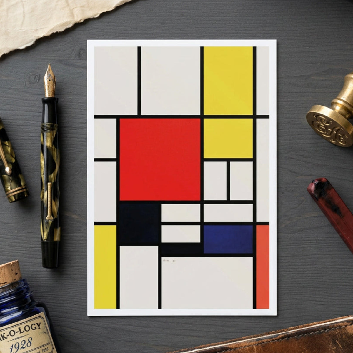 A vertical abstract geometric painting with a grid of black lines, white, yellow, red, blue, and orange blocks, shown against a neutral gray gradient background.