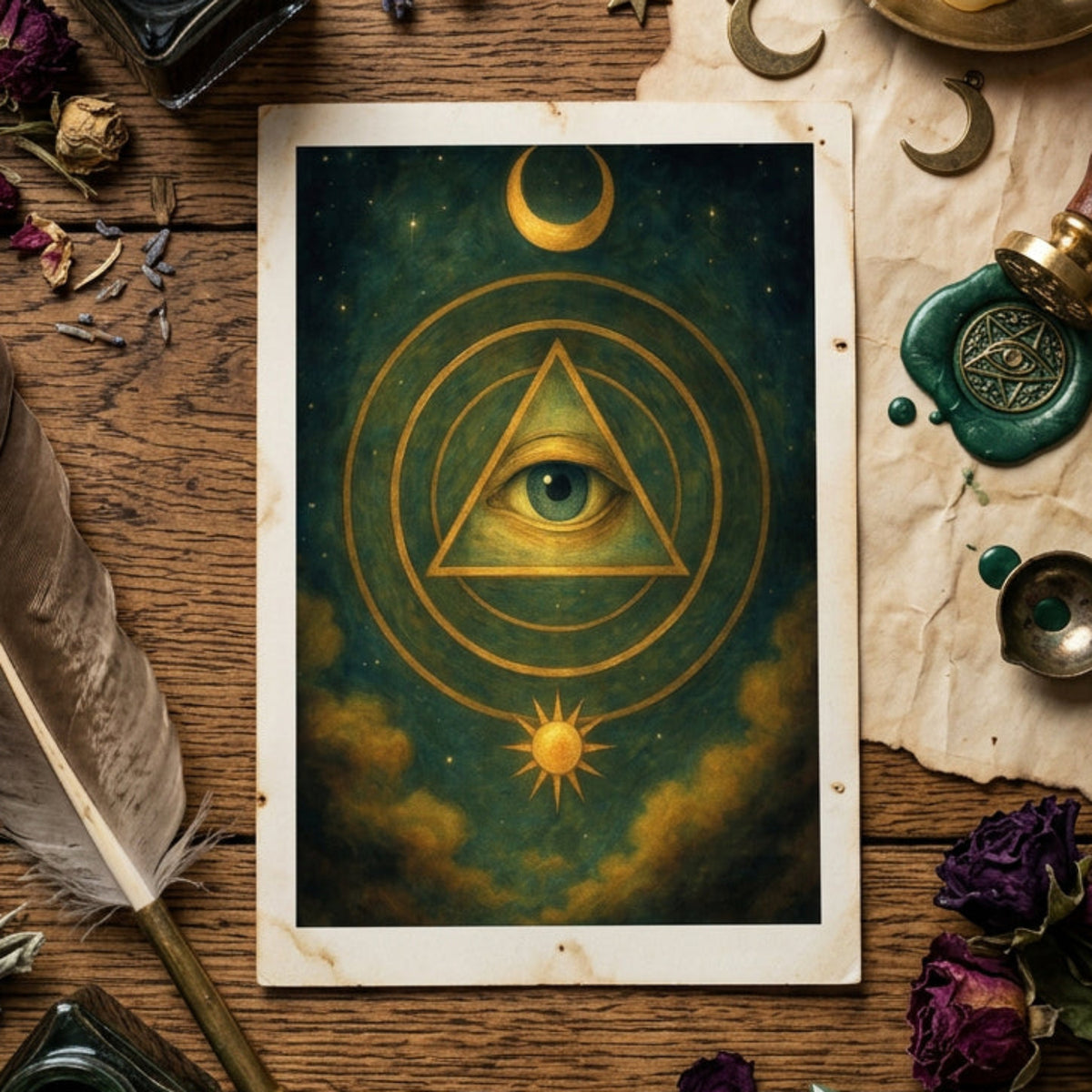 A vertical art print featuring a mystical all-seeing eye within a golden triangle, surrounded by concentric circles, a crescent moon, and a sun in a dark teal and gold cosmic sky.