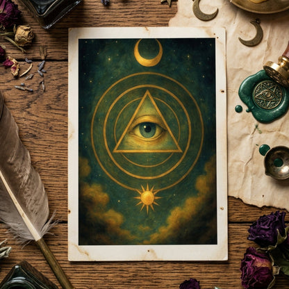 A vertical art print featuring a mystical all-seeing eye within a golden triangle, surrounded by concentric circles, a crescent moon, and a sun in a dark teal and gold cosmic sky.