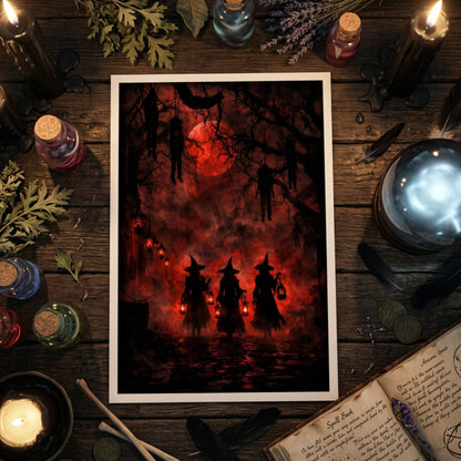 A vertical rectangular wall art print or canvas showing a dark Halloween scene: three witch silhouettes holding lanterns under bare trees with hanging decorations, a glowing red full moon, and red misty sky. The artwork is photographed against a light gray wall.