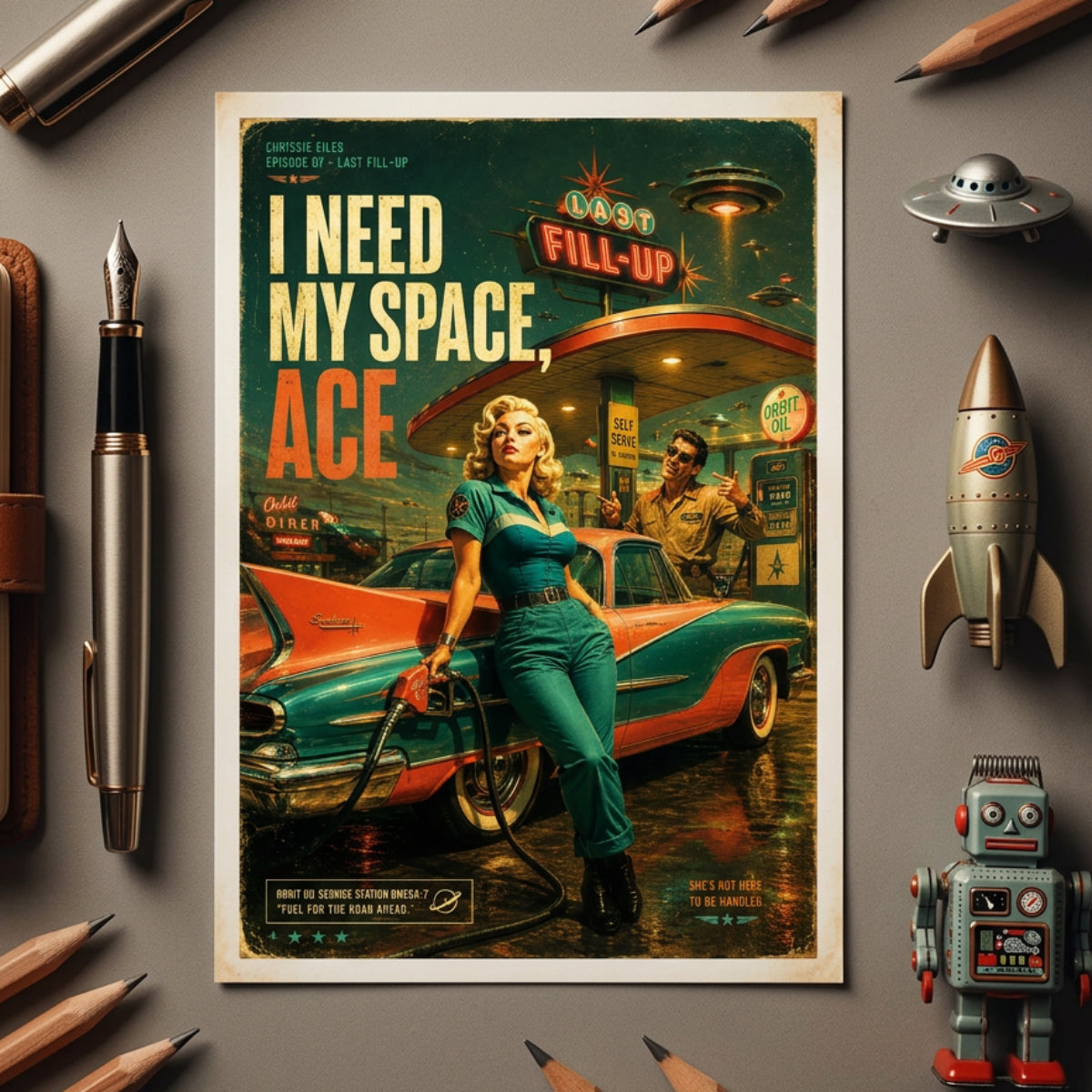 A retro-futuristic vintage-style poster or art print featuring a pin-up woman pumping gas at a futuristic gas station, with two men nearby and bold text reading 'I NEED MY SPACE, ACE'. The artwork is shown against a neutral gray gradient background.