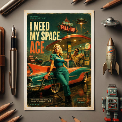 A retro-futuristic vintage-style poster or art print featuring a pin-up woman pumping gas at a futuristic gas station, with two men nearby and bold text reading 'I NEED MY SPACE, ACE'. The artwork is shown against a neutral gray gradient background.