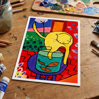 A colorful art print featuring a yellow cat sitting on a teal bucket with orange fish, displayed on a wooden artist's worktable surrounded by paint tubes, brushes, and a paint palette.