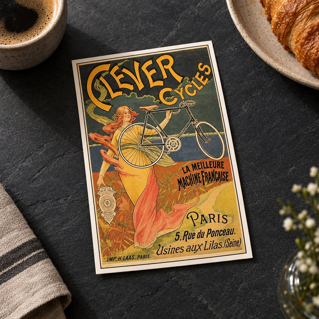 A vintage-style poster print featuring the text 'Clever Cycles' and an illustration of a woman carrying a bicycle, with additional French text and a dark gray gradient background around the poster.