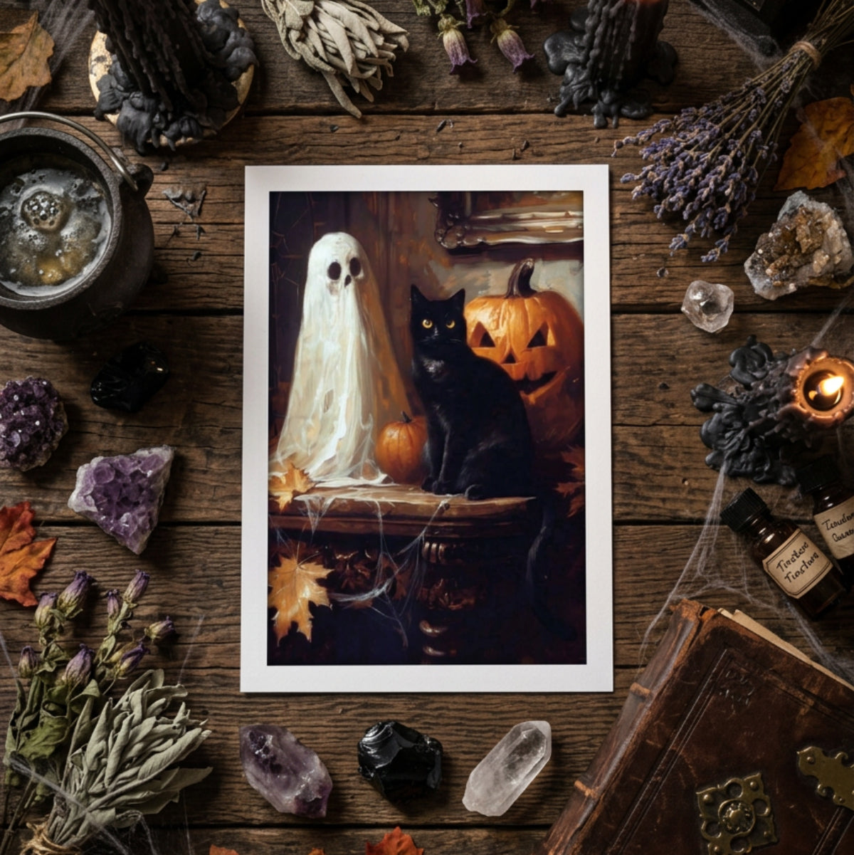 A vertical canvas art print depicting a spooky Halloween scene with a black cat, a white ghost, and a carved pumpkin on a dark background.