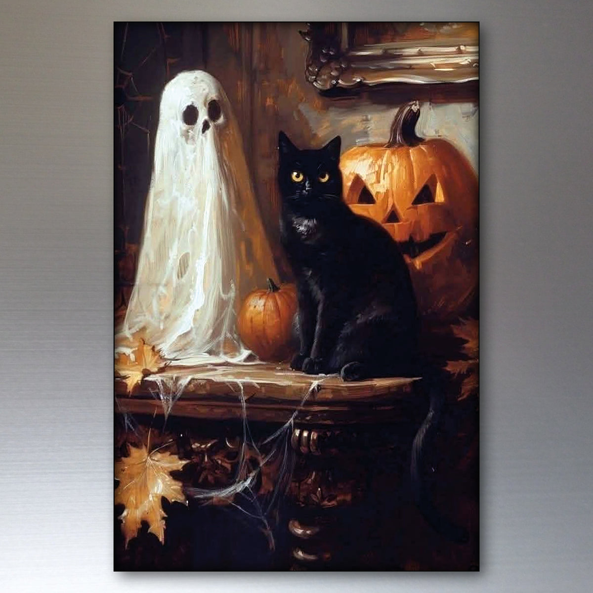 A vertical canvas art print depicting a spooky Halloween scene with a black cat, a white ghost, and a carved pumpkin on a dark background.