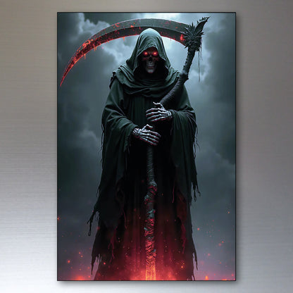 A vertical wall fridge magnet showing a hooded grim reaper figure in a dark cloak holding a large scythe with glowing red blade details, set against a smoky gray sky with red embers at the bottom, displayed on a gray wall.