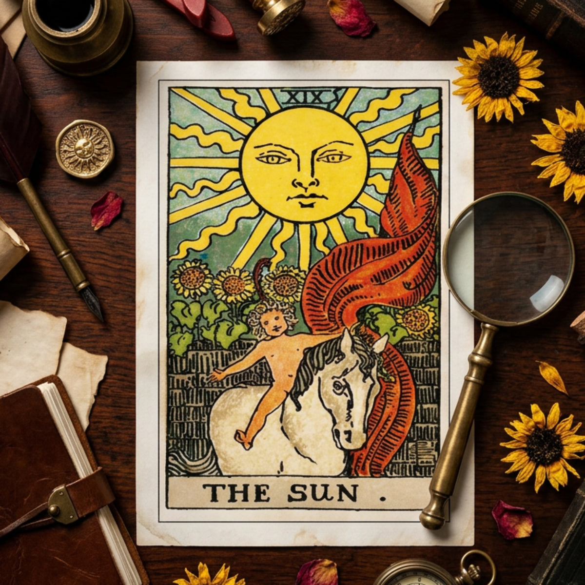 A vintage-style tarot card titled 'THE SUN' is displayed on a dark wooden desk surrounded by thematic props including sunflowers, a magnifying glass, a brass pen, dried petals, and old papers. The card features a large yellow sun with a human face, a white horse, and a red flowing banner, with a small nude figure riding the horse.