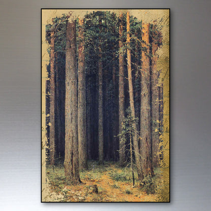 A vertical framed art print depicting a dense forest with tall tree trunks, green foliage, and a sunlit forest floor, shown against a neutral gray gradient background.