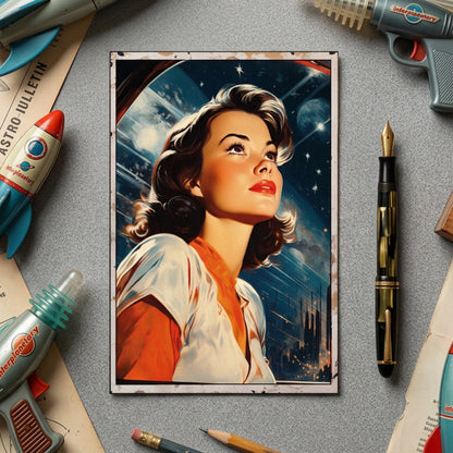 A retro-futuristic art print featuring a woman looking up at a starry night sky, styled in a flat-lay on a gray desk surrounded by vintage toy rockets, a fountain pen, and other retro props.