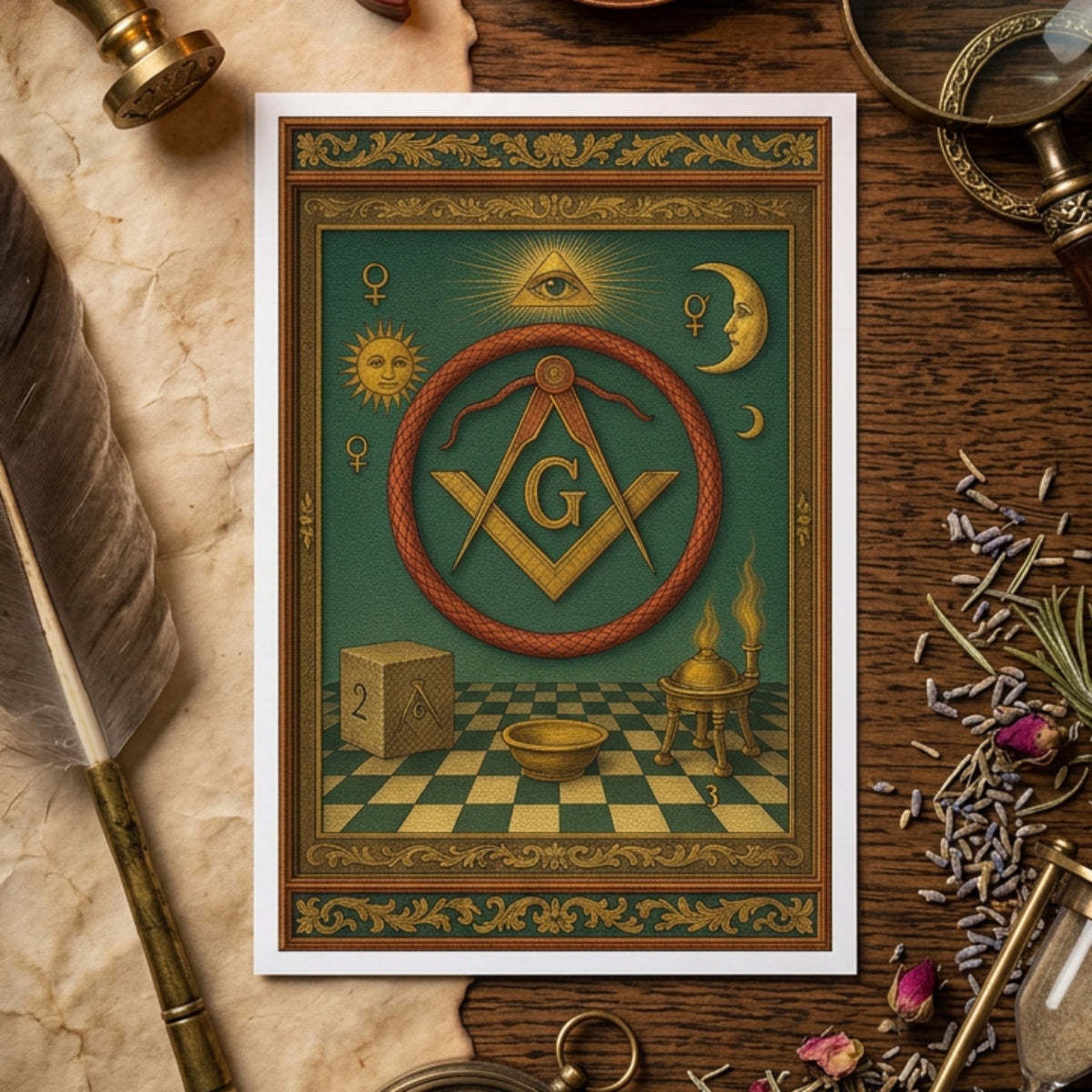 A vertical art print featuring a detailed Masonic symbol composition on a teal background with ornate gold and dark green decorative borders. The central design includes a large gold square and compass with an eye, crescent moon, sun, dice, bowl, and flame, set against a gray gradient backdrop.