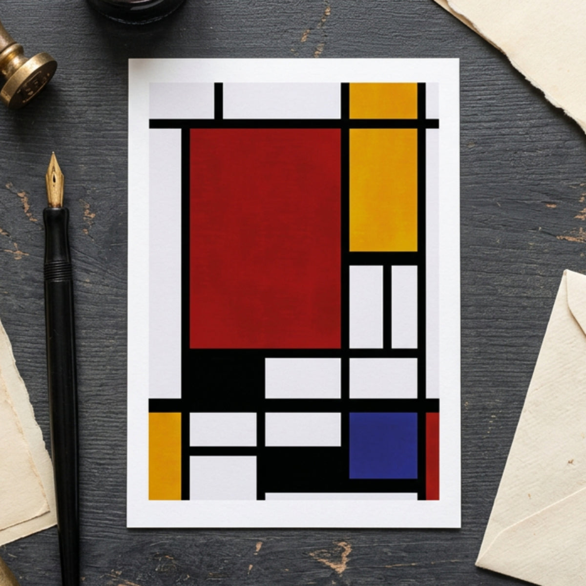 A vertical abstract geometric painting in a Mondrian style, featuring a large red block, white rectangular sections, a yellow block, a black block, and a blue block outlined by thick black grid lines, shown against a neutral gray gradient background.