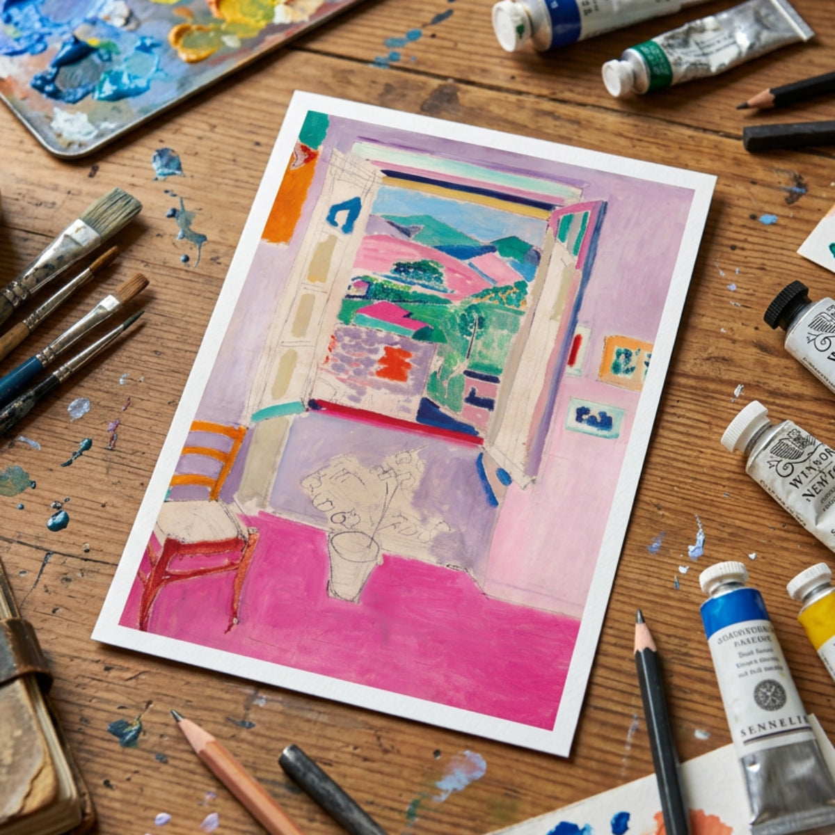 A watercolor painting on paper depicting an artist's studio with a window view of a landscape, displayed on a wooden table surrounded by paint tubes, brushes, and paint splatters.
