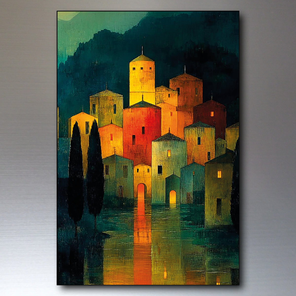 A vertical canvas painting of a village at night with glowing windows and reflections in the water, shown against a neutral gray gradient background.