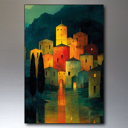 A vertical canvas painting of a village at night with glowing windows and reflections in the water, shown against a neutral gray gradient background.