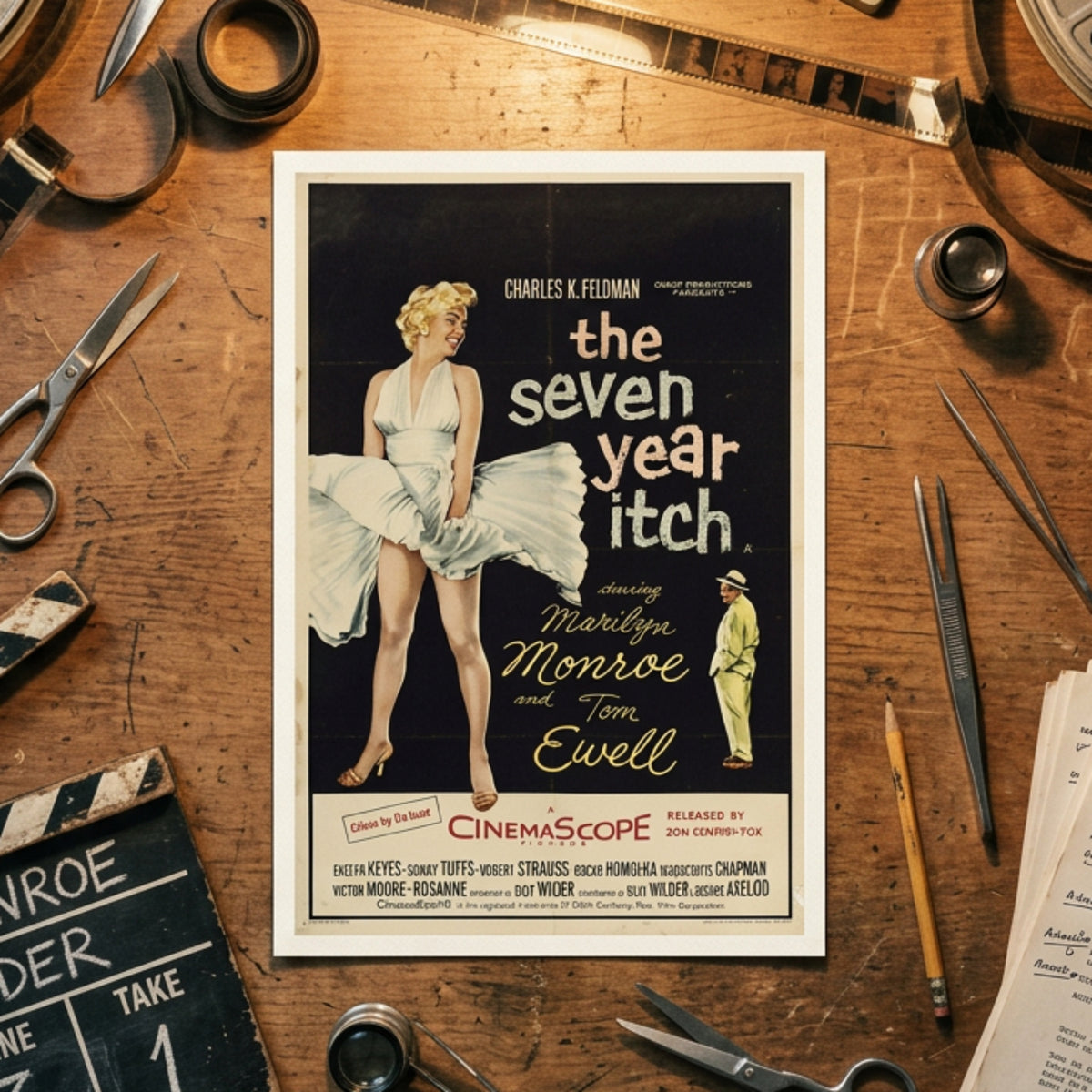 A vintage movie poster for 'The Seven Year Itch' featuring a stylized illustration of Marilyn Monroe in a white dress on a black background, with cream text and a light border, shown against a neutral gray gradient backdrop.