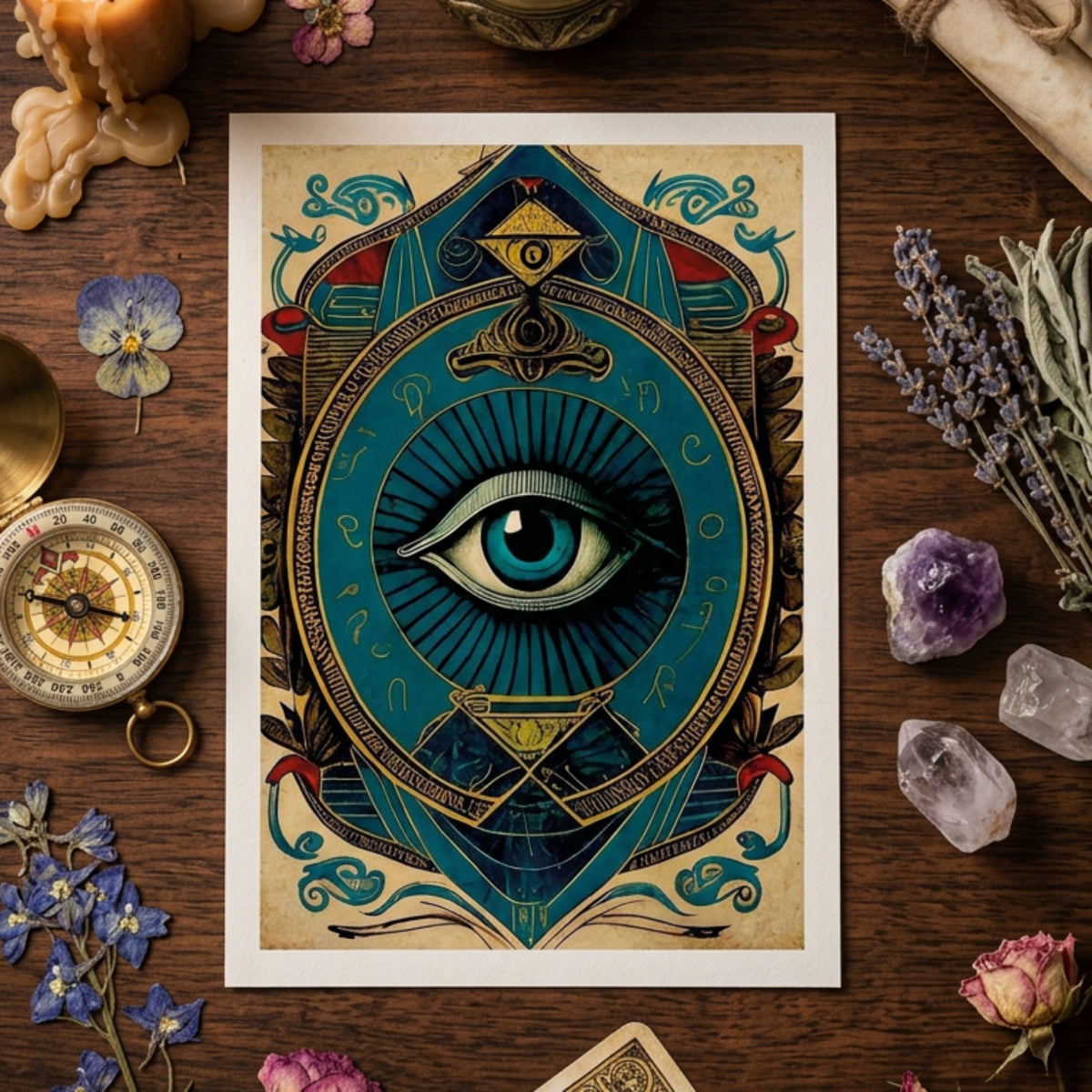 A vertical art print featuring a stylized all-seeing eye illustration with ornate teal, gold, red, and beige decorative elements, shown against a neutral gray gradient background.