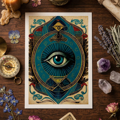 A vertical art print featuring a stylized all-seeing eye illustration with ornate teal, gold, red, and beige decorative elements, shown against a neutral gray gradient background.