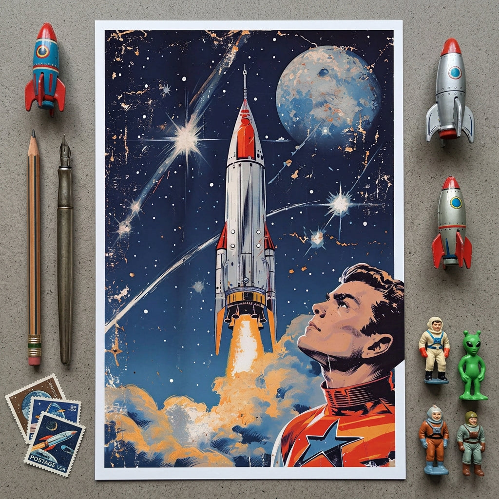 A retro-futuristic poster print featuring a rocket ship launching into space with a starry sky, moon, and a superhero in a Captain America-style suit in the lower right. The poster is styled in a flat-lay composition on a light gray surface, surrounded by vintage-themed props including a toy rocket, stickers, pencils, and a small robot.