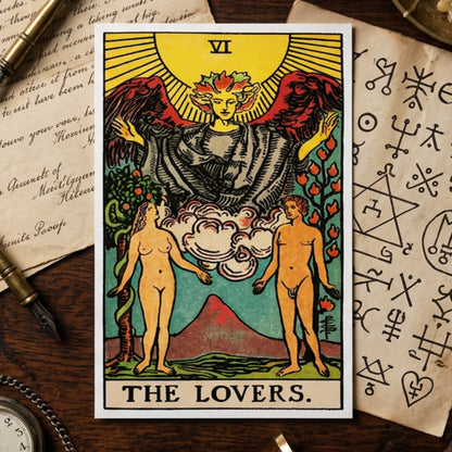 A tarot card style print titled 'THE LOVERS.' showing two nude figures standing in front of clouds and a winged figure above, with a yellow sun and red wings on a gray gradient background.