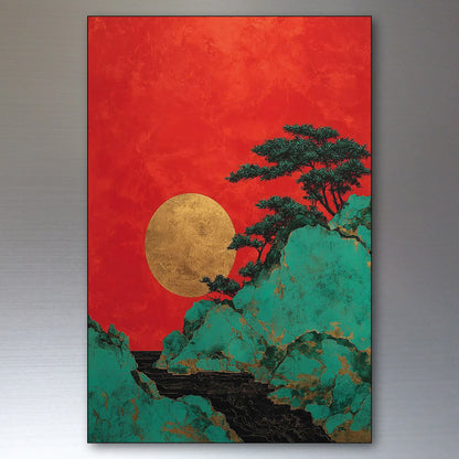 A vertical canvas wall art print featuring a Japanese-inspired landscape with a large gold moon on a textured red sky, dark green trees, and teal mountains with gold leaf accents, shown against a neutral gray background.